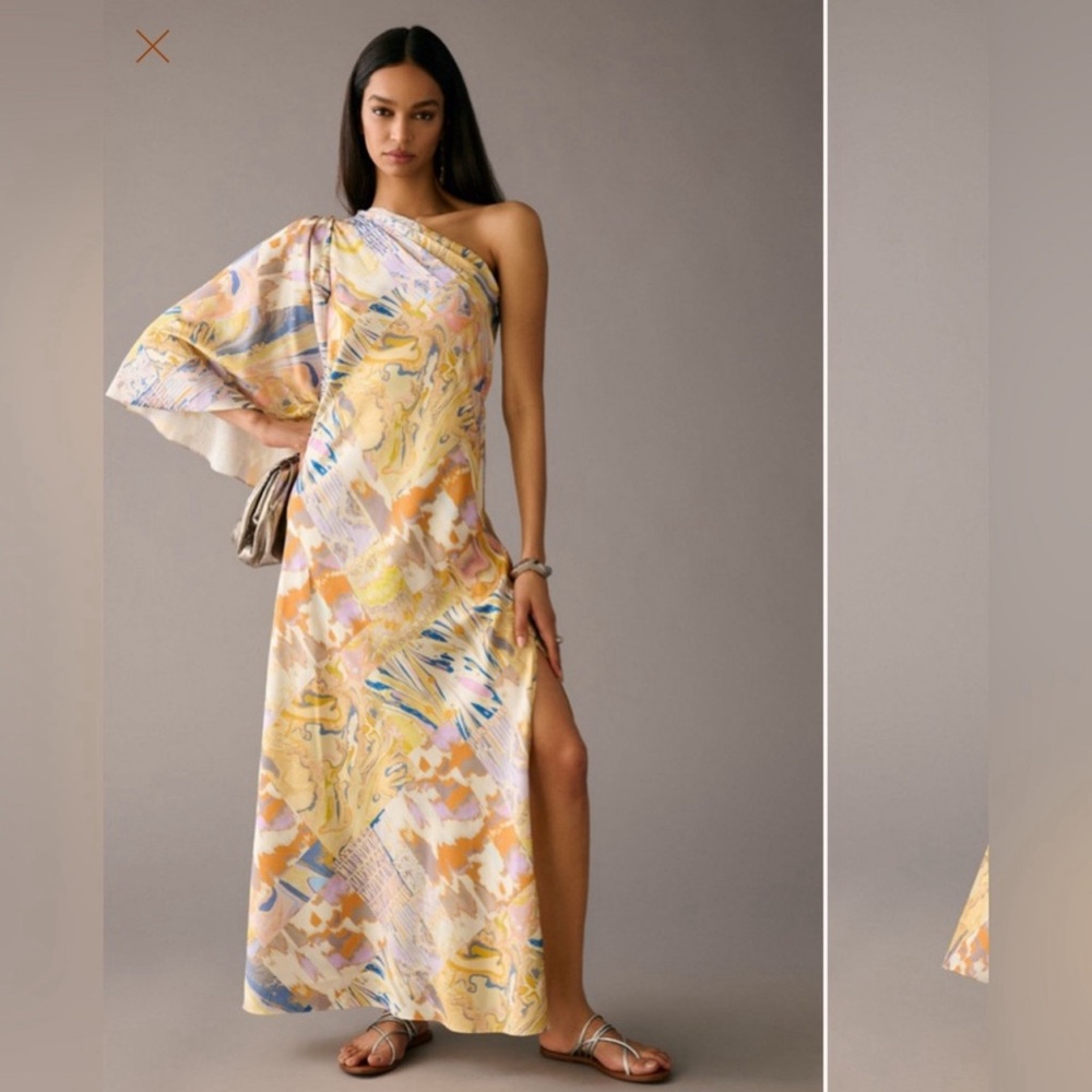 Anthropologie One-Shoulder Pastel Marble Maxi Dress